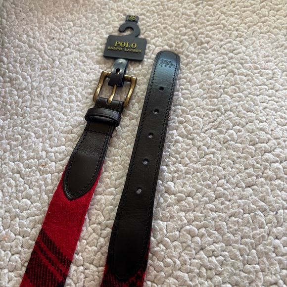 Christmas Polo Ralph Lauren Red Buffalo Plaid Wool Leather Belt Size 38 NWT - Picture 6 of 10